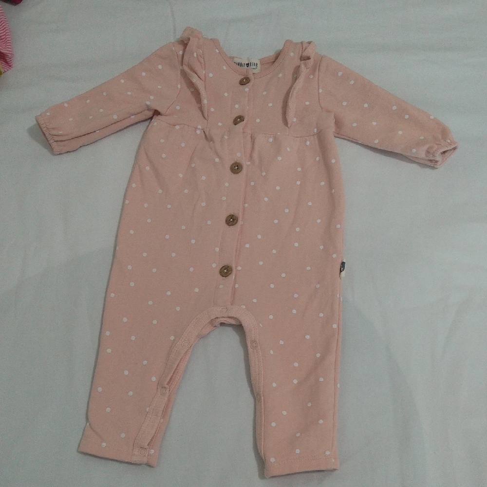 Rabbit + Bear Light Tan Polka Dot Baby Girl Romper 3M